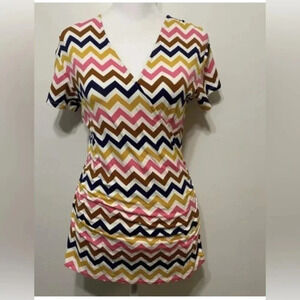 Boden Chevron Print Faux Wrap Shirt Women’s Size 4 Short Sleeve Top Blouse Small